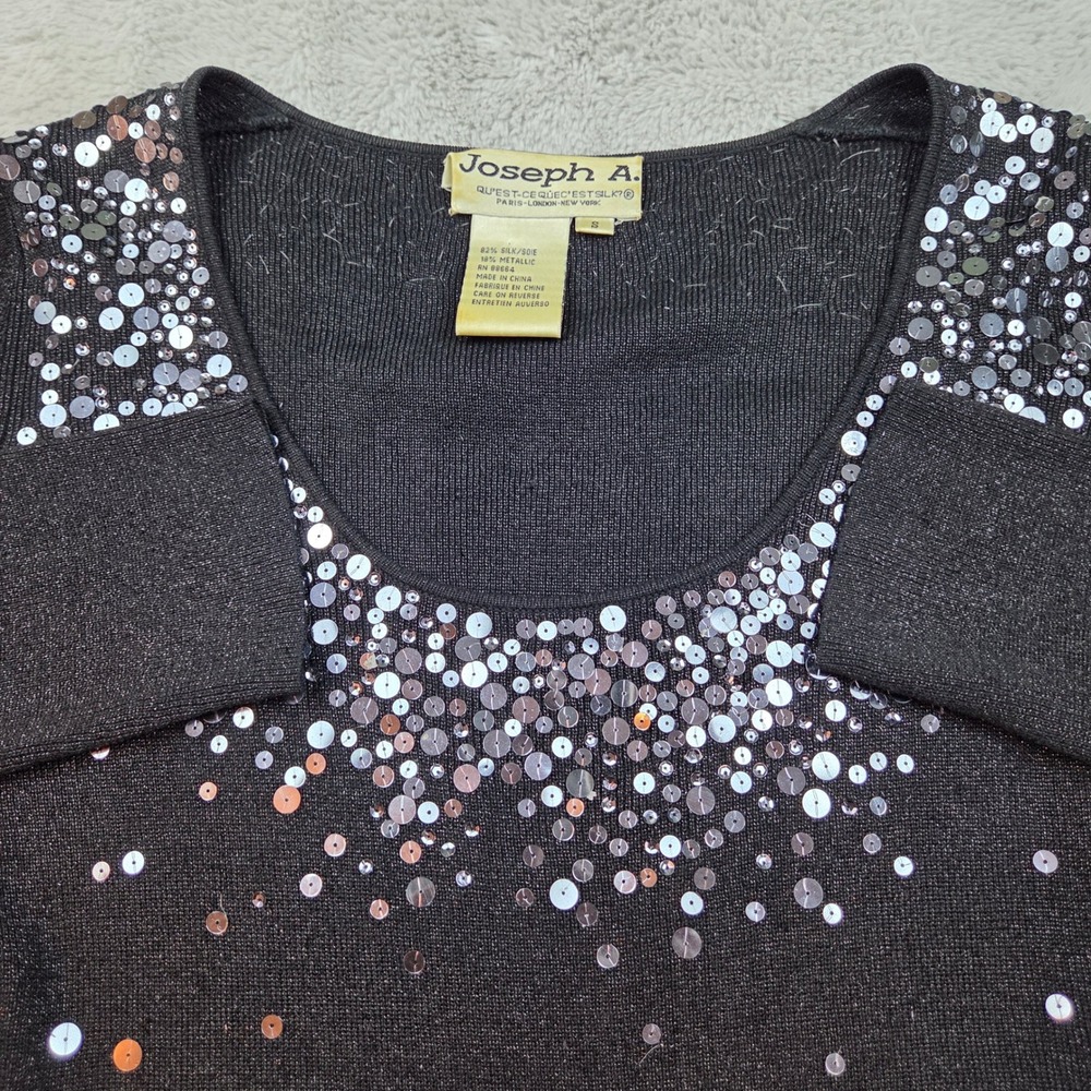 Vtg Joseph A. Silk Metallic Sweater Womens‎ S Sequin Scoop Neck 3/4 Sleeve Black